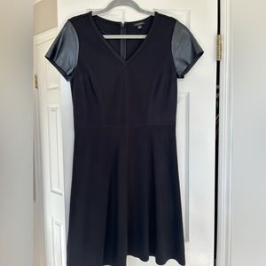 Ann Taylor black dress faux leather sleeves. stitching detail-Barely worn.Size 6